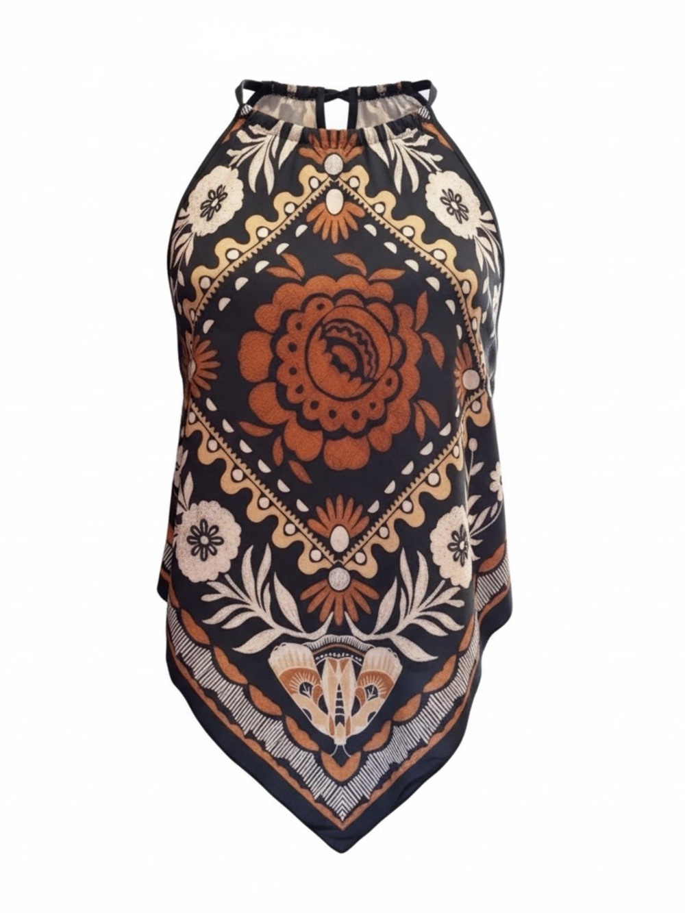 Source Unknown Halter Top in Black and Rust Floral Print